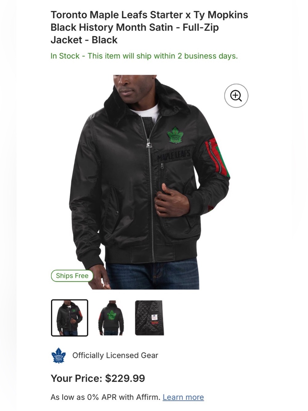 Toronto Maple Leafs | Black Satin Full-Zip Bomber Jacket | Tags Attached